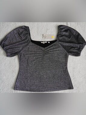 NWT Boden Metallic silver Shimmery Puff Sleeve Top UK16 US12 Sparkly Party
